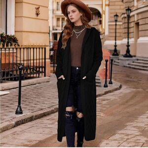 Women Hooded Open Front Cardigan Cable Knit Sweater Coats Black Chunky Oversized